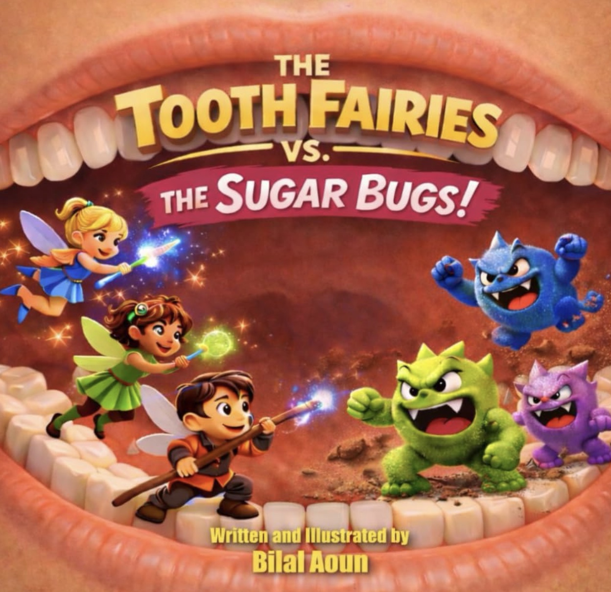 Book cover: Tooth Fairies vs. The Sugar Bugs, written and illustrated by Bilal Aoun