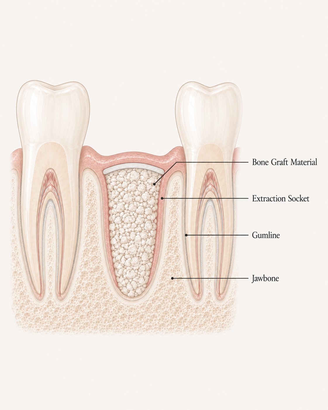 Diagram showing bone graft material packed into an extraction socket between two teeth, with the membrane visible at the top sealing the graft at the gumline above the jawbone