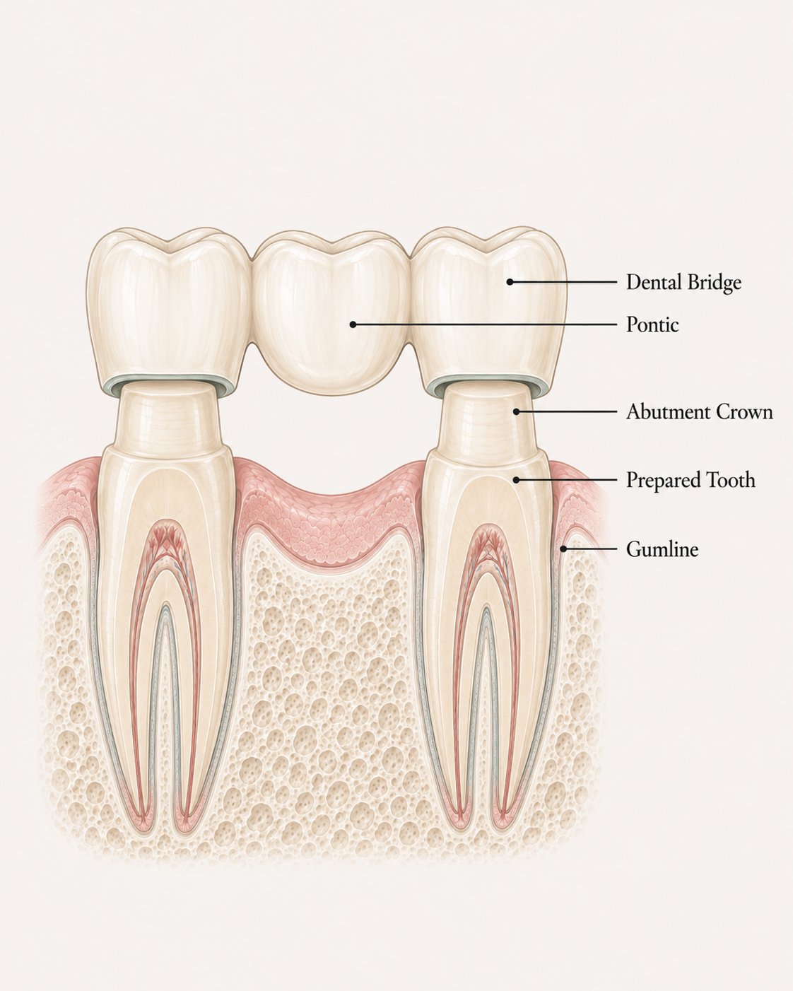 Diagram showing a dental bridge with the pontic suspended between two abutment crowns placed over prepared teeth at the gumline