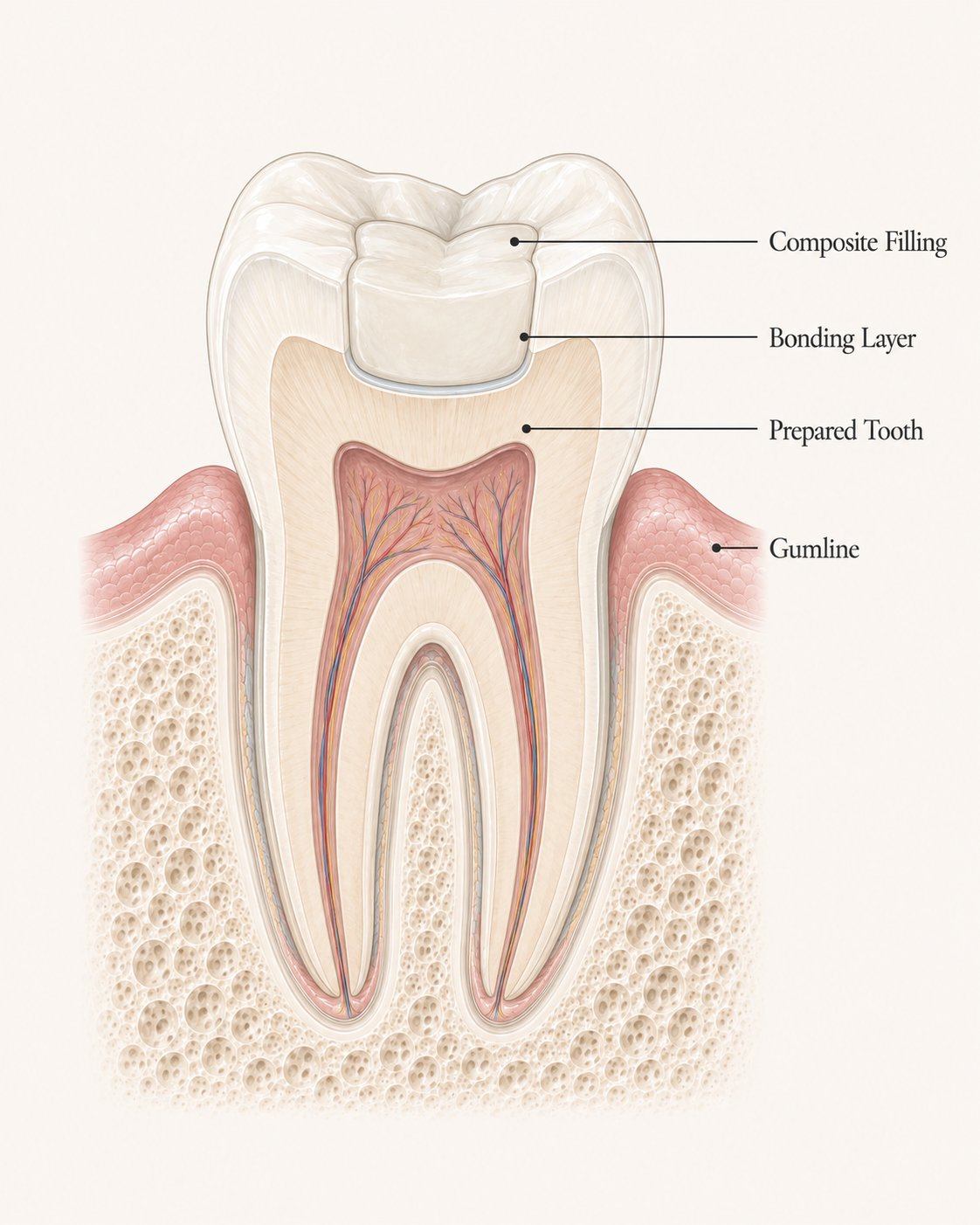 Diagram showing a composite resin filling bonded inside a prepared tooth cavity with the bonding layer and gumline labeled