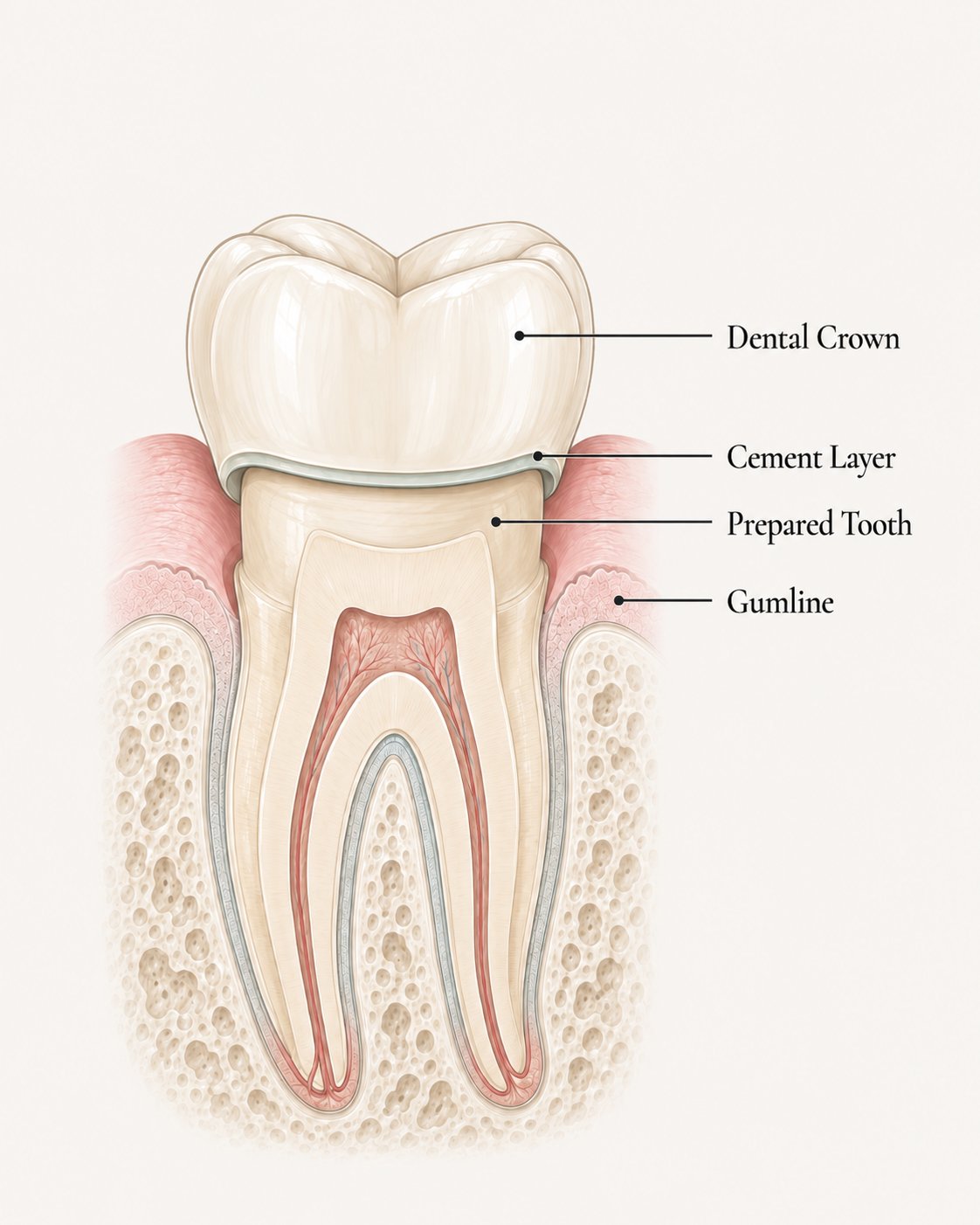 Diagram showing a dental crown seated over a prepared tooth with the cement layer and gumline labeled