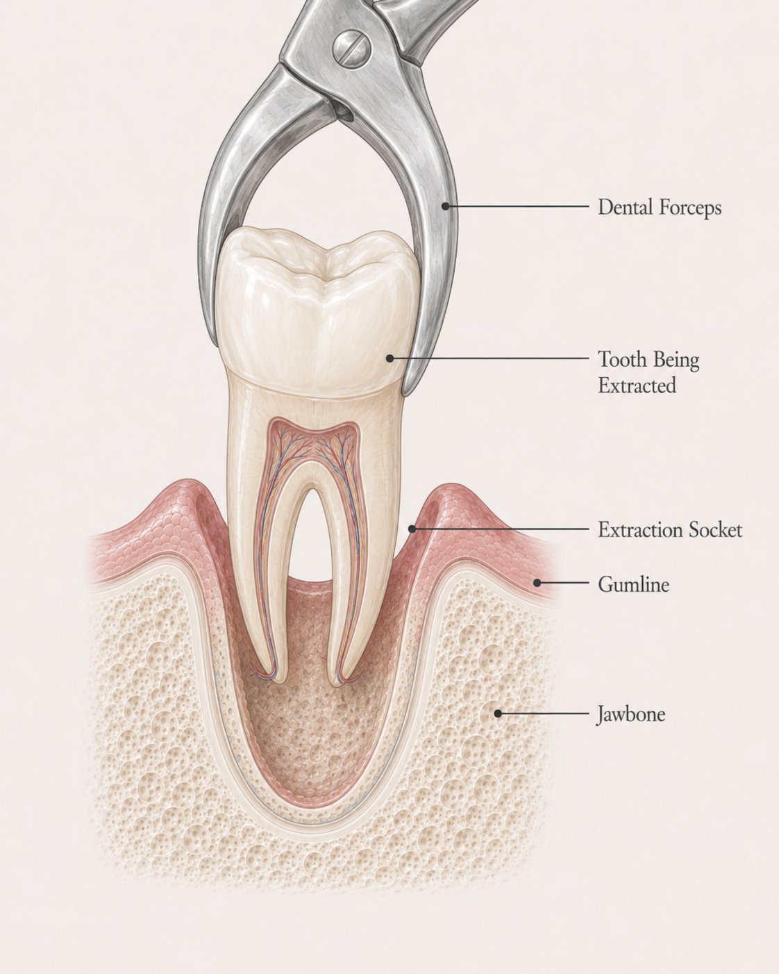 Diagram showing dental forceps gripping a molar tooth during a simple extraction, with the extraction socket, gumline, and jawbone labeled