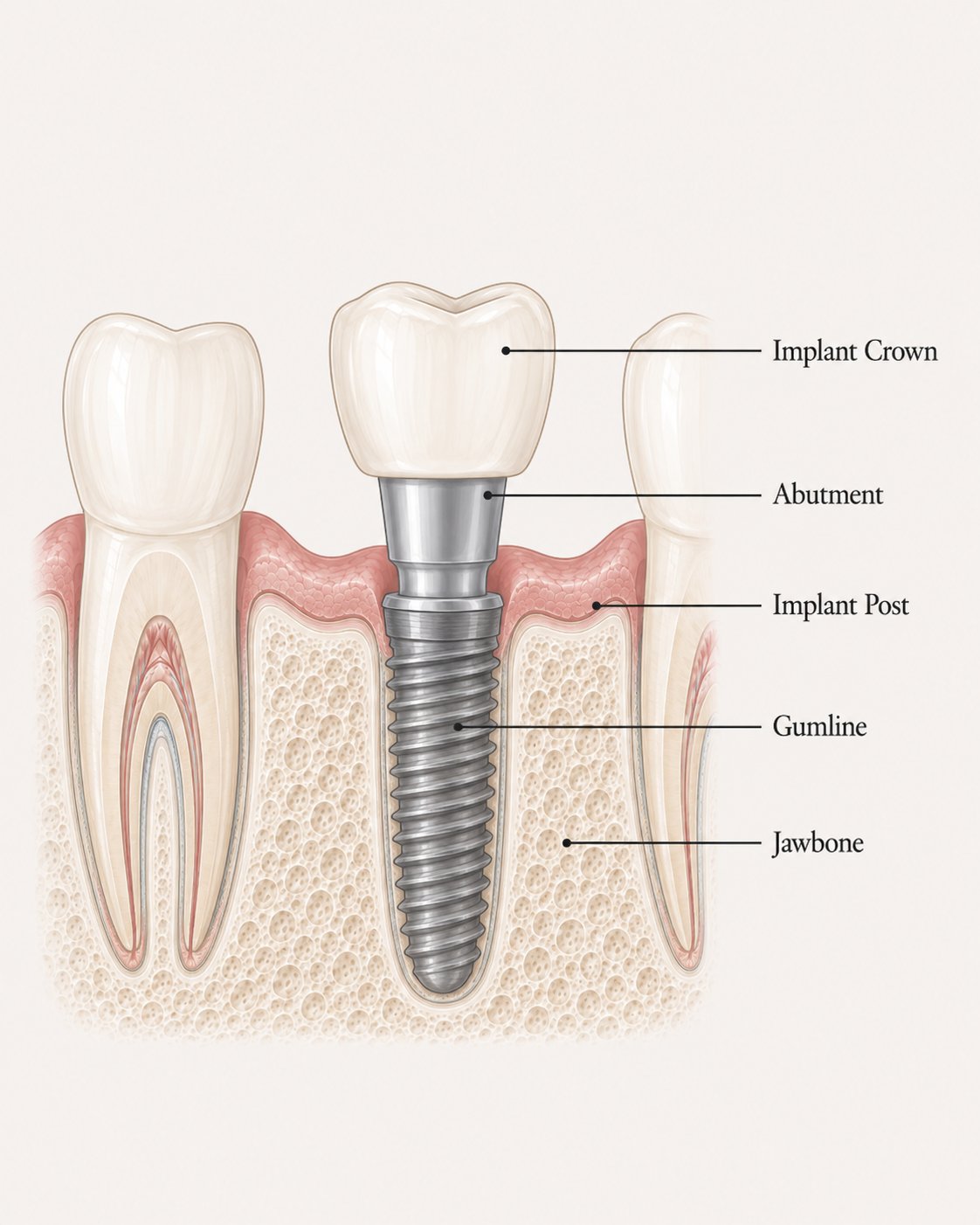 Diagram of a dental implant showing the implant crown on top, connected by an abutment, with the titanium implant post seated in the jawbone below the gumline