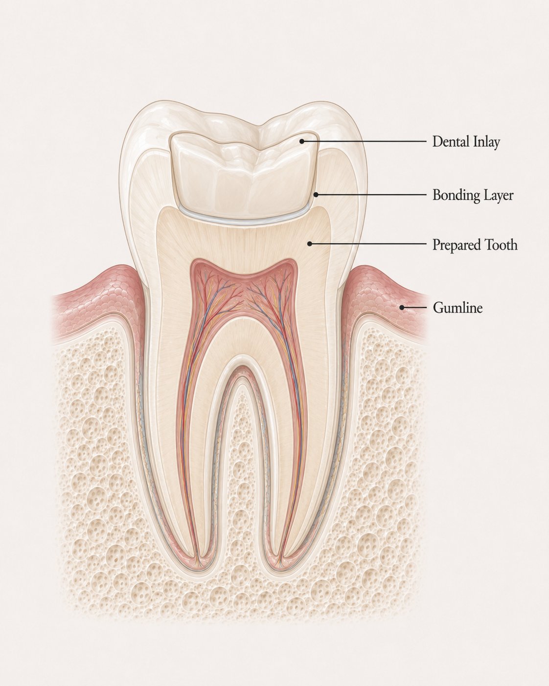 Diagram showing a dental inlay fitted within the cusps of a prepared tooth, held in place by a bonding layer at the gumline