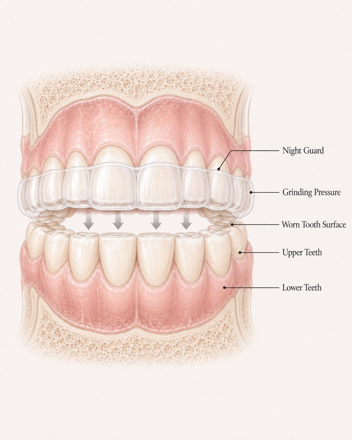 Diagram showing a clear night guard seated over upper teeth absorbing grinding pressure directed at the worn lower tooth surfaces