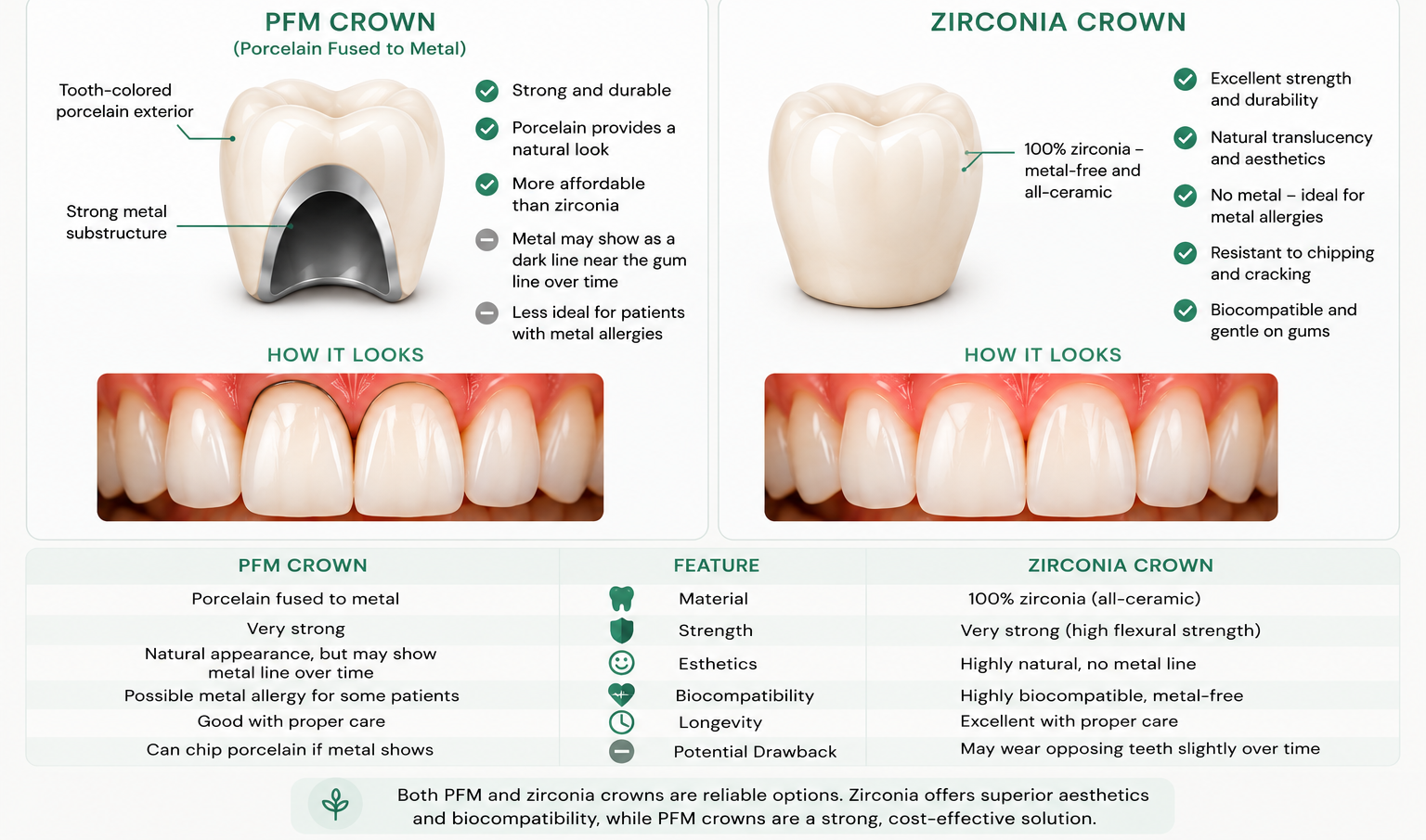 Cross-section comparison of a porcelain-fused-to-metal crown showing the metal substructure beneath porcelain, next to a solid zirconia crown