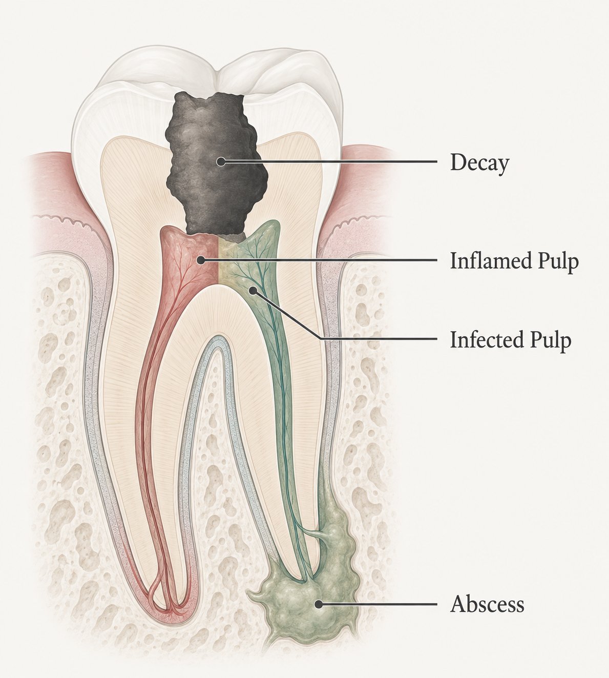 Cross-section diagram showing tooth decay leading to inflamed pulp, infected pulp, and abscess at the root tip