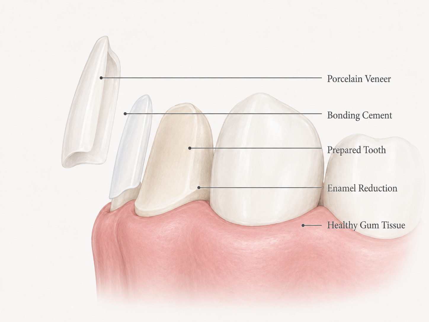 Cross-section diagram of a porcelain veneer being placed on a prepared front tooth, with labels pointing to the porcelain veneer, bonding cement, prepared tooth, enamel reduction, and healthy gum tissue.